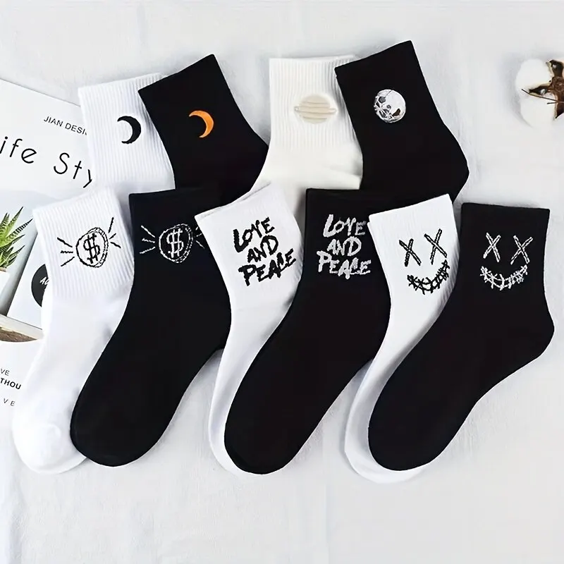 5pairs Men\'s Print Athletic Ankle Socks Print Breathable Comfortable Novelty Funny Crew Socks