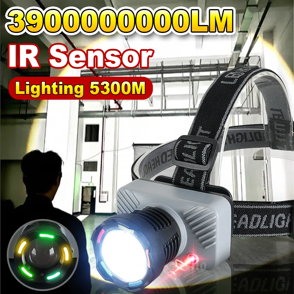 

Супермощный светодиодный налобный фонарь 39000000LM, яркий, с дальним лучом 5300 м, перезаряжаемый, для рыбалки и приключений, на аккумуляторе 18650