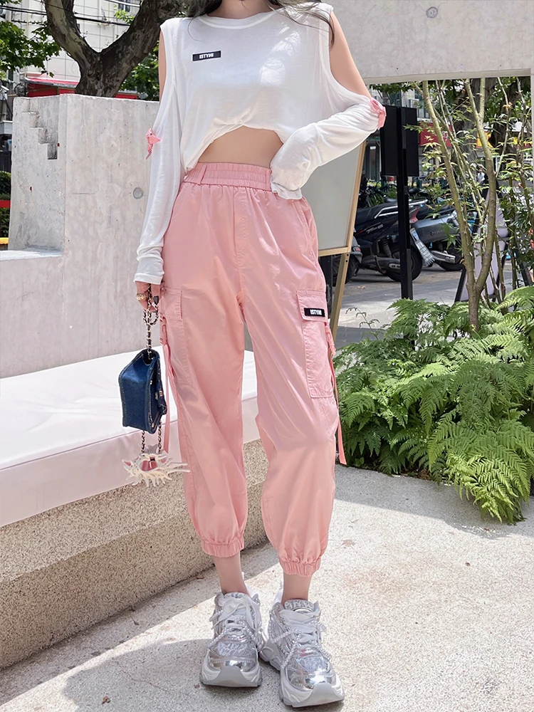 

ISNI Store Women's Casual Cargo Pants Elastic Waist ket Nine-Foot Summer New Sle High Waist Cotton Nylon Fiber Blend