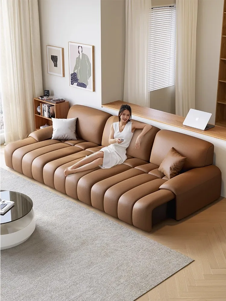 Electric functional sofa bed Living room Italian minimalist Elephant Ears First Class retractable straight row leather sofa bed