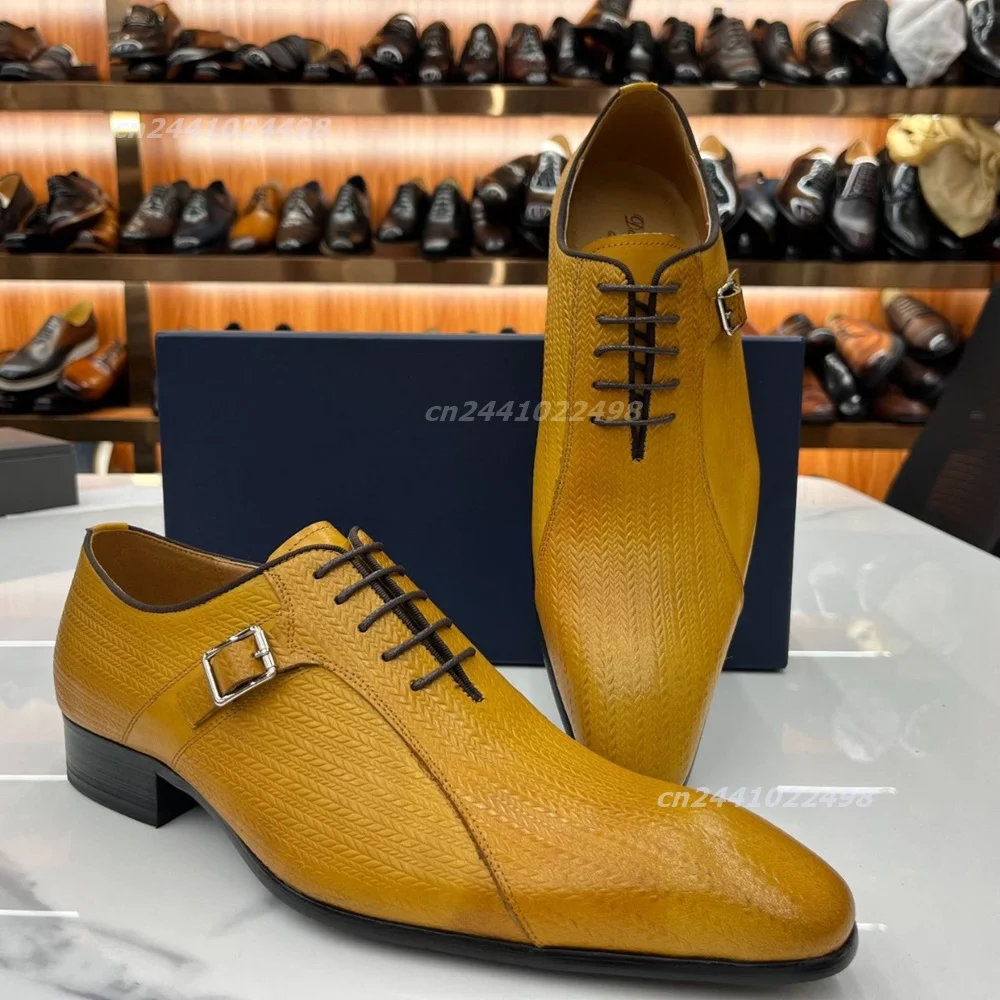 Textured Yellow Matte Leather Men Oxford Shoes, Side Metal Buckle Lace Up Dress Footwear, Sleek Pointed Toe Formal Dress Shoes
