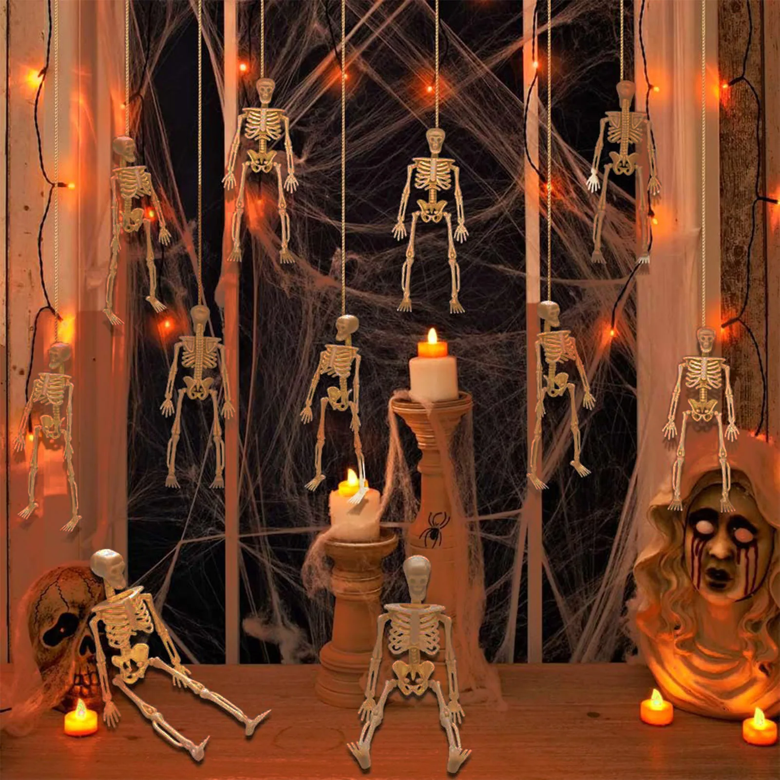 Halloween Life Size Skeleton Full Body Posable Halloween Skeleton Decor with Hanging Rope for Haunted Houses Cemeteries JAN88