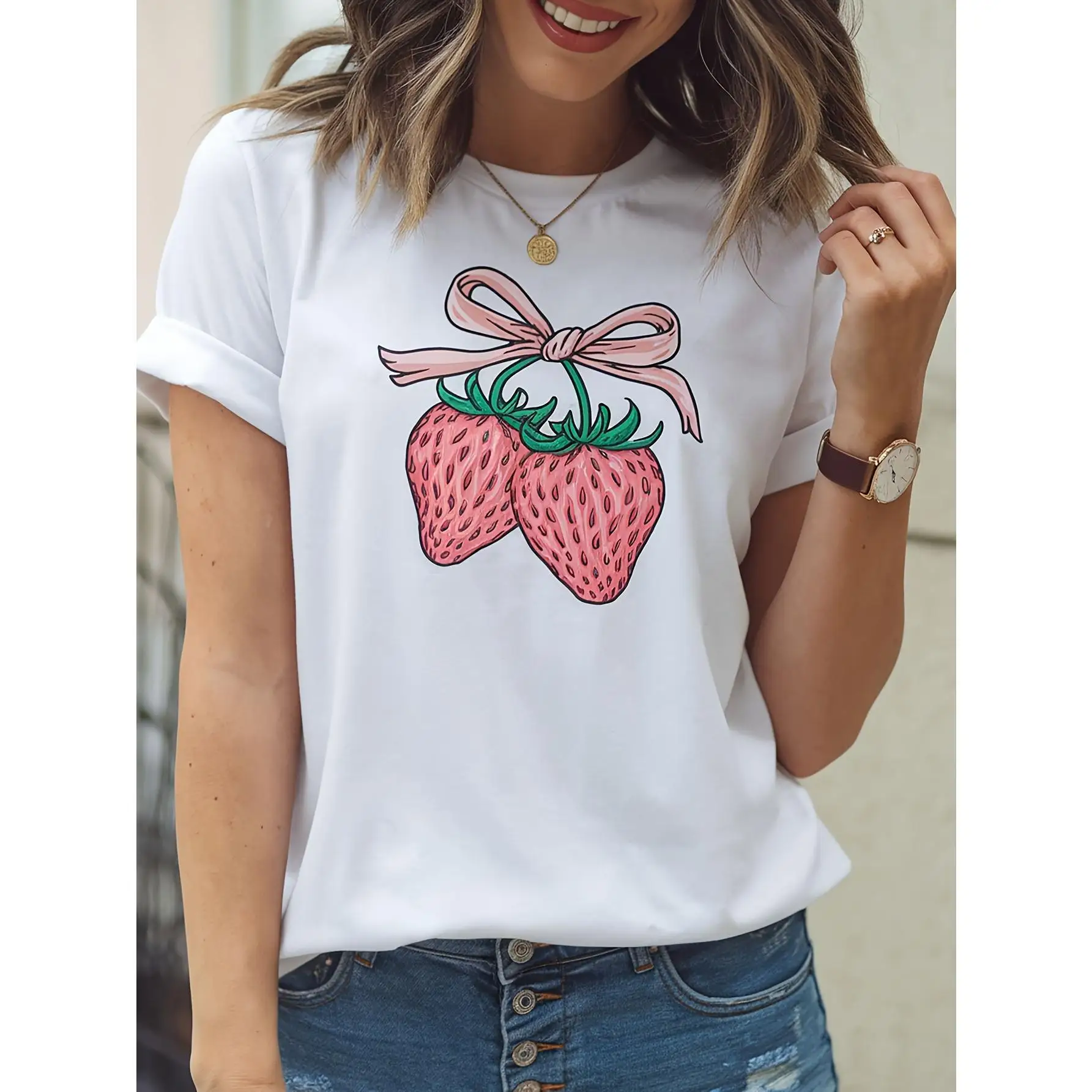 

Women's Cute Strawberry Graphic T-Shirt - Casual Round Neck Short Sleeve Tee with Pink Bow Design, White Summer Top for Casual