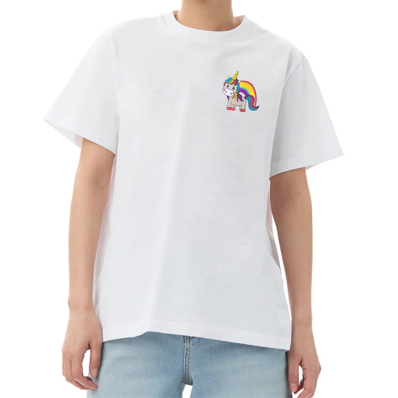 

All-match Rainbow Unicorn Pattern Short Sleeve Summer Tops Solid Cotton T-shirts Oversized Casual Soft Tees For Women