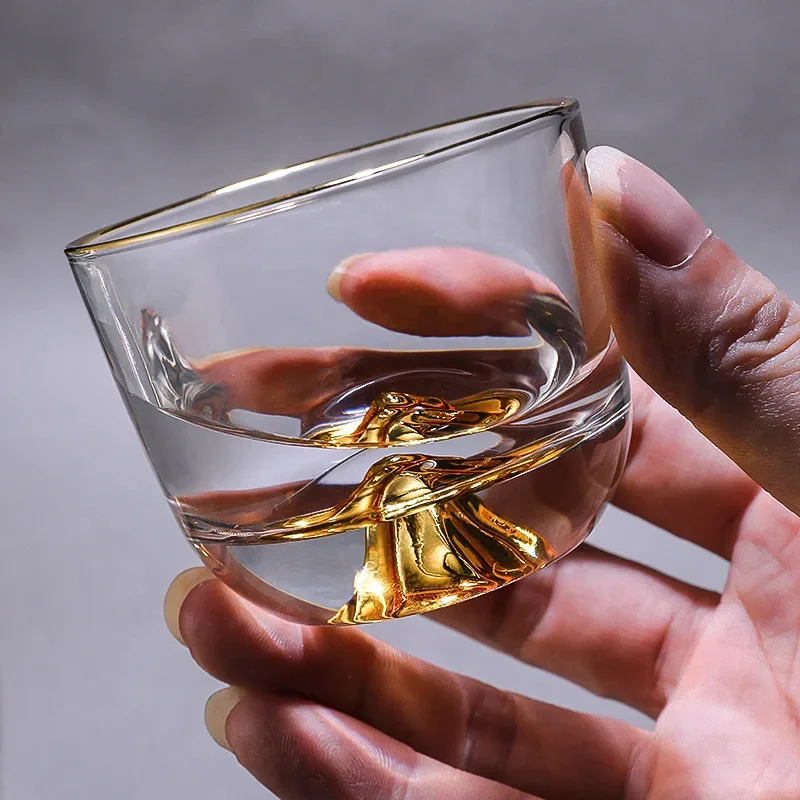 110ml 4oz Clear Small Spirit Soju Shot Glass Cups with Gold Tracing Rim Mountain Half Ball Shape Bottom Kong Fu Master Tea Cup