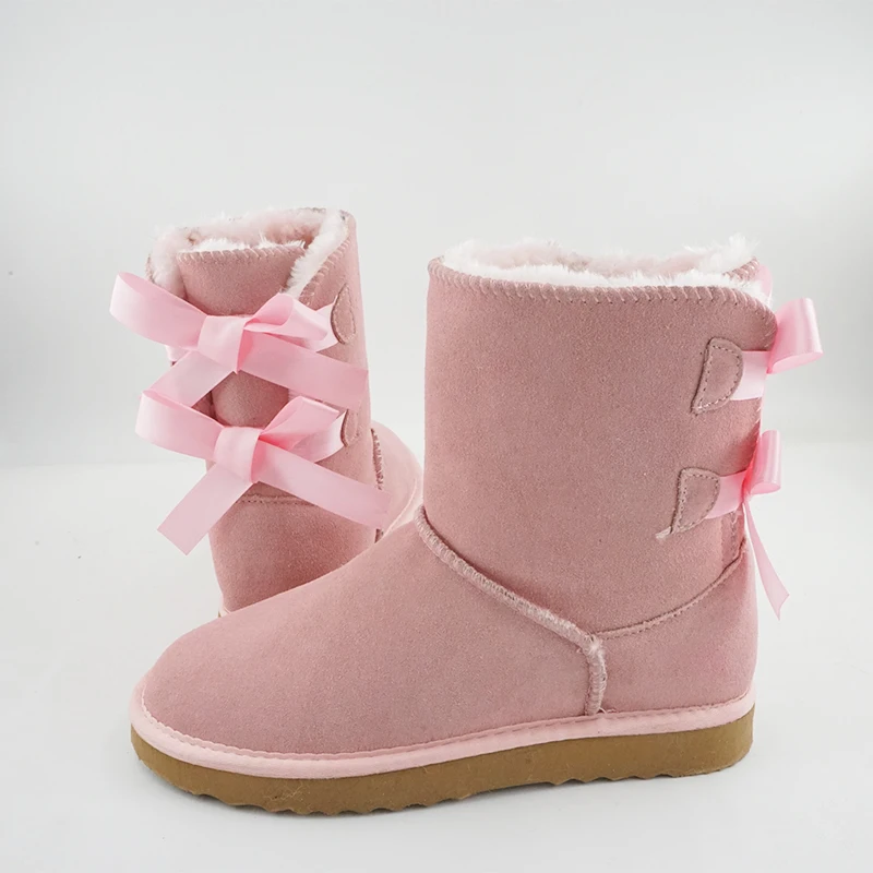 Cowhide Women Winter Boots Slip-On Solid Color Fashion Classic Cow Tie Thick Warm Genuine Leather Snow Boots For Woman Shoes