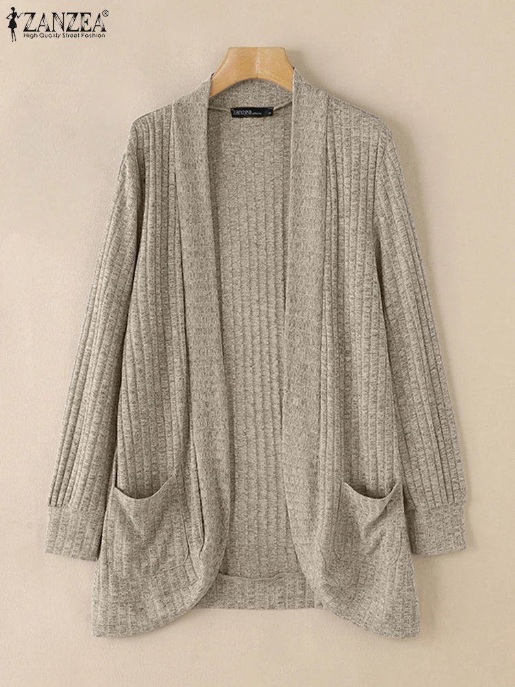 

Women Solid Retro Kimonos 2024 ZANZEA Autumn V-neck Outwears Casual Long Sleeve Cardigan Vintage Pocket Plaid Texture Sweaters