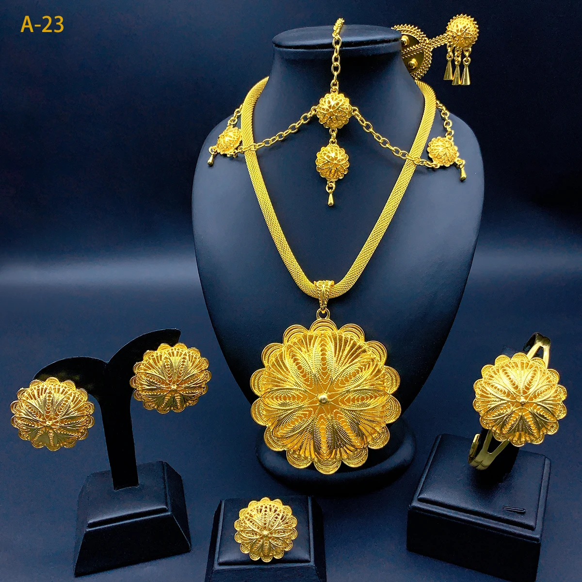 Luxury Ethiopian 24k Gold Color 6pcs Jewelry Sets For Women Dubai Flower Shape Nigerian Necklace Jewellery Set Gift Wedding