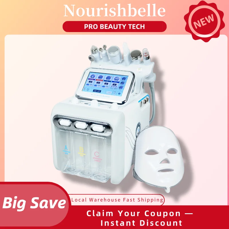 Nourishbelle Dispositivo Facciale per Microdermoabrasione Idro a Bolle Piccole — Pulizia Profonda dei Pori, Lifting, Scrubber a Ultrasuoni e Maschera per Fototerapia LED Tutto in Uno | Magazzino UE