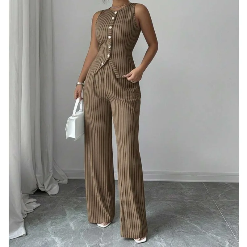 2 Piece Set Women Outfit 2026 Spring New Striped Round Neck Sleeveless Single-Breasted Top & High Waist Wide Legs Pants Suit