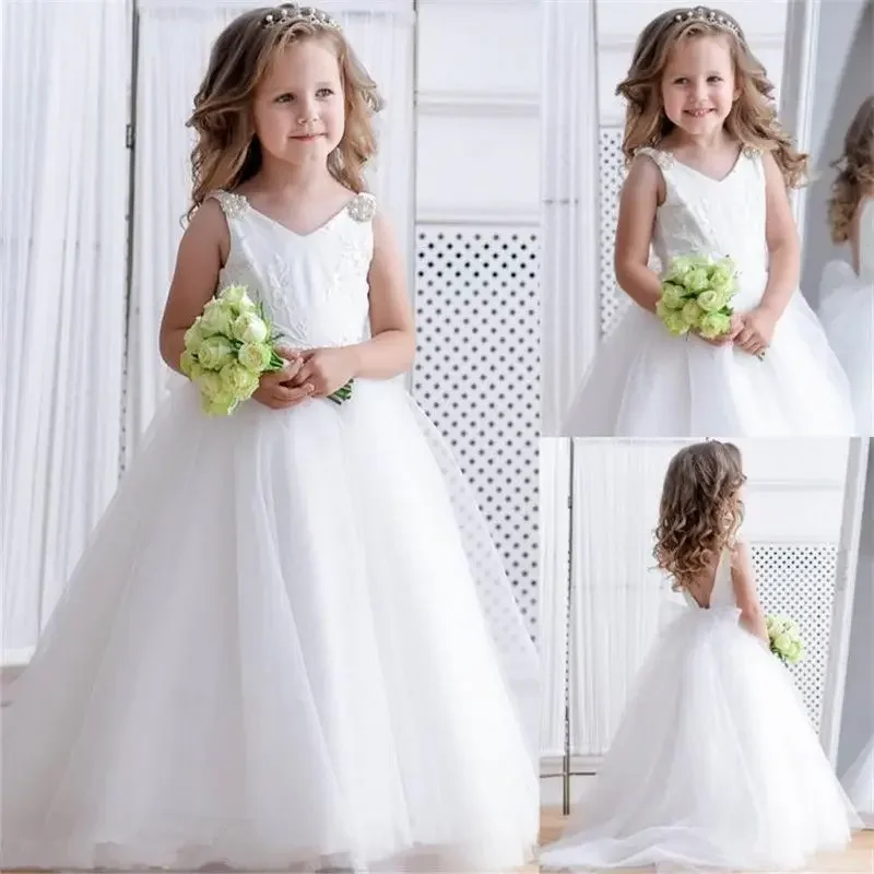 

Backless First Communion Applique Pageant Ball Gown For Kid Birthday Gift Flower Girl Dress For Garden Wedding Puffy Tulle Beads