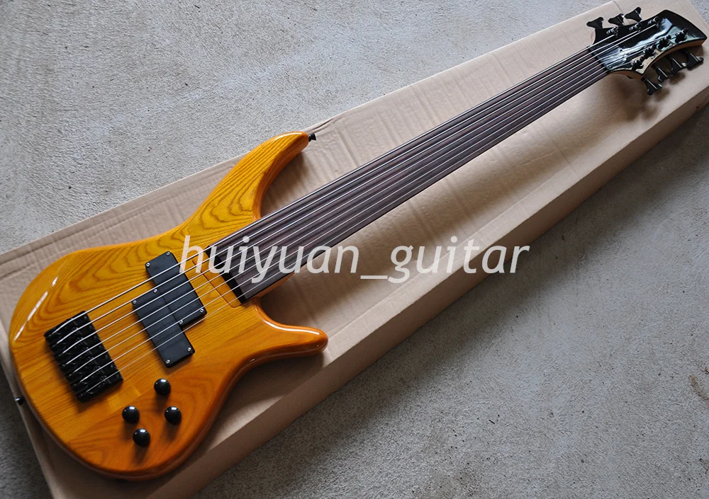 Flyoung 7 Strings Fretless Natural Wood Color Ash Electric Bass Guitar with Rosewood Fretboard 24  Frets