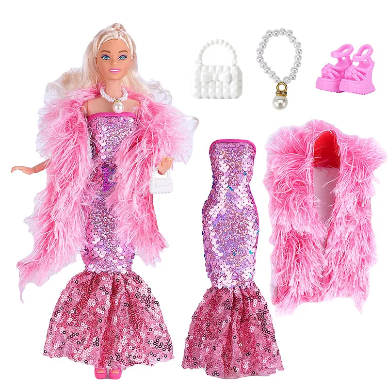 New Dress For Dolls Fashion Coat Mermaids Shinny Sequin Fish Tail Gown Lace Skirt Gown Clothes For Baby Doll Christmas Toys Gift