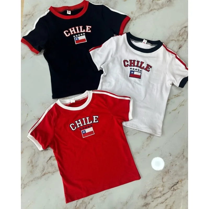 Camiseta Corta Estilo Punk, Linda y Sexy con Letra Chile Bordada, Ropa Y2K, Streetwear para Mujer, Estilo Grunge, Crop Top Gótico Emo para Chicas