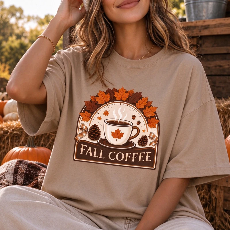 Vintage Fall Coffee Cup Maple Leaf Graphic T Shirt Women Autumn Season Casual Oversized Tee Thanksgiving Fall Short Sleeve Tops