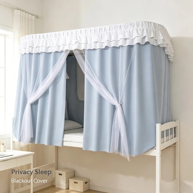 Polka Dot Bed Canopy with Ruffled Trim & Double Doors, Sheer Fabric for Bedroom or Dorm, Privacy & Light Blocking