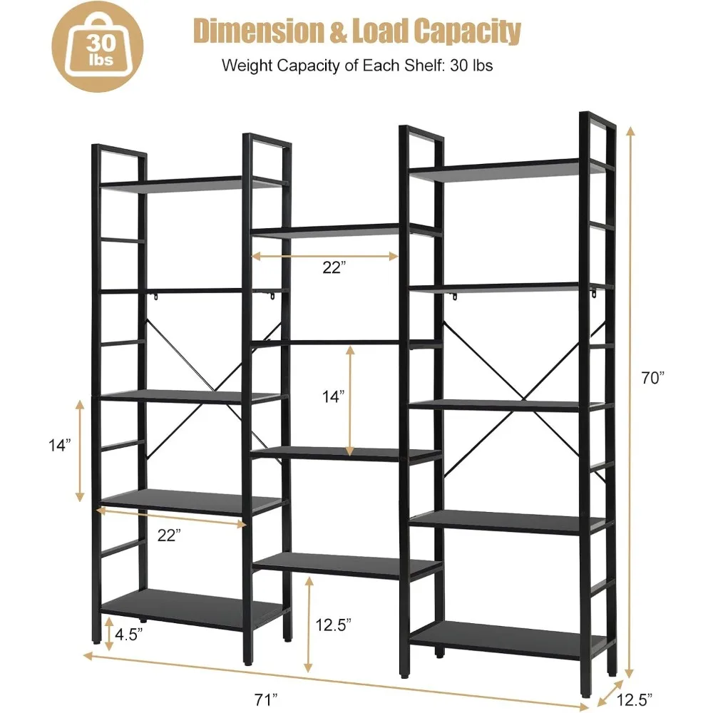 Тройная широкая 5-ярусная книжная полка в винтажном индустриальном стиле, большая открытая витрина и стеллаж для хранения с металлическими акцентами