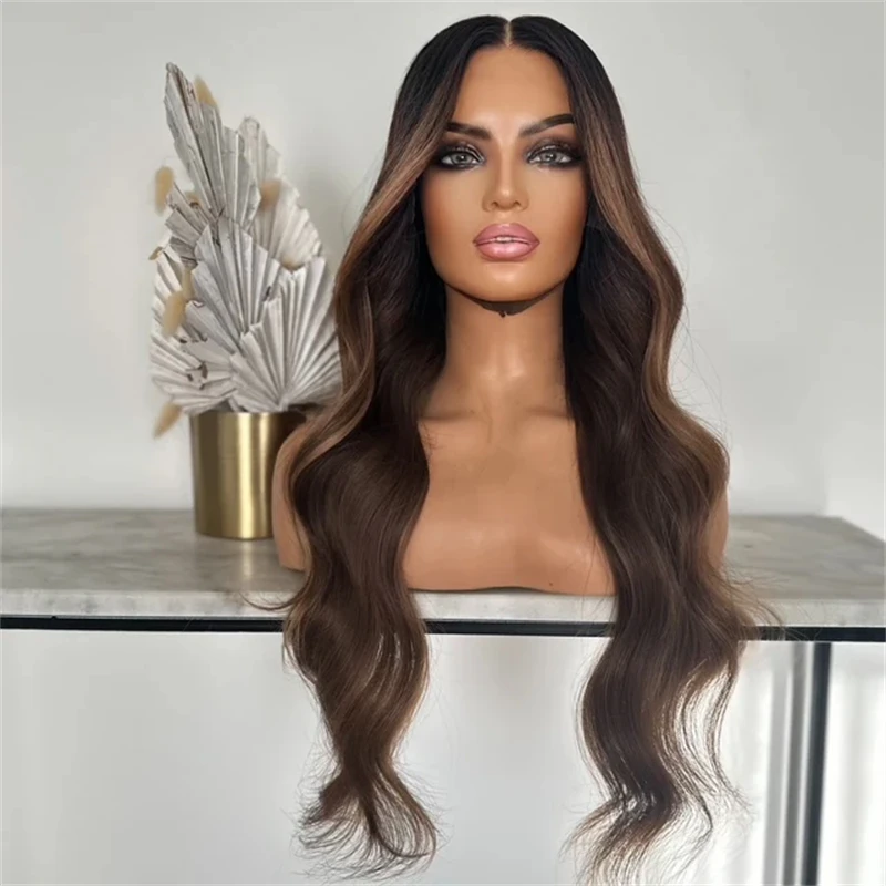

New In Ombre Brown Highlight Wig High Quality Synthetic HD Lace Front Wig for Black Women Glueless Hairline Party Daily Wigs