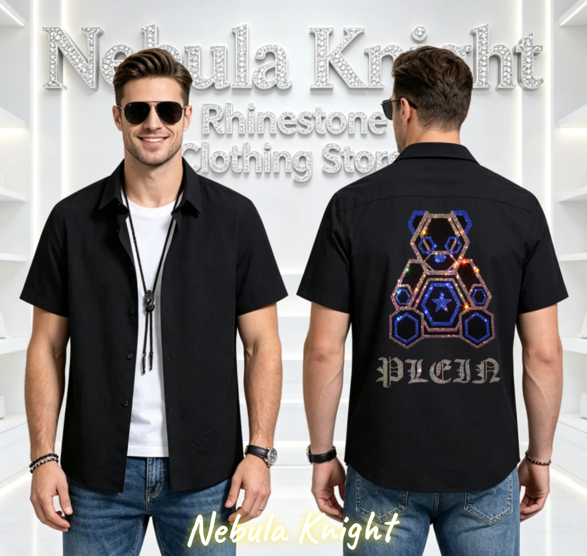Men's Rhinestone Shirt Short Sleeve Luxury Sparkling Hotfix Drill Hip Hop Streetwear European Summer Casual Top Male Shirt