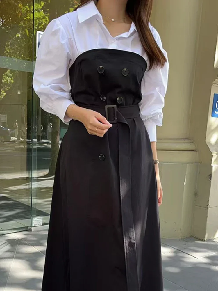 Chic Office Lady Belt Slim Waist Elegant Dresses Women Contrast Color Turn-down Collar Patchwork Robe Korean Casual Vestido 2024