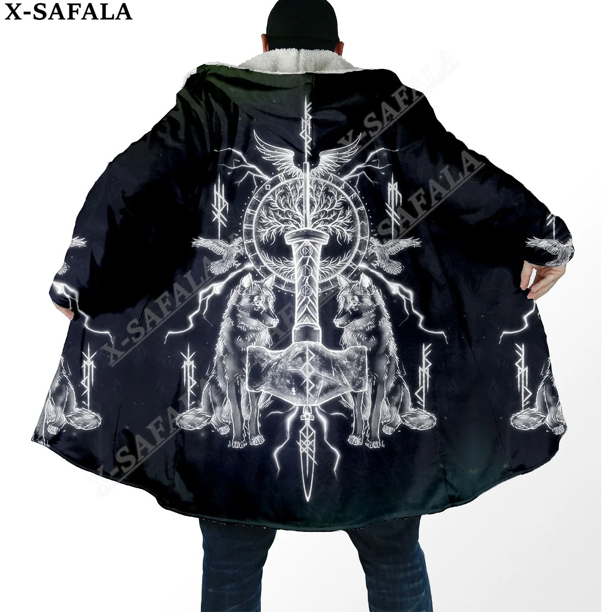 Symbol Viking Tattoo Raven Odin Overcoat Coat 3D Print Thick Warm Hooded Cloak  Men Windproof Fleece Unisex Casual-17