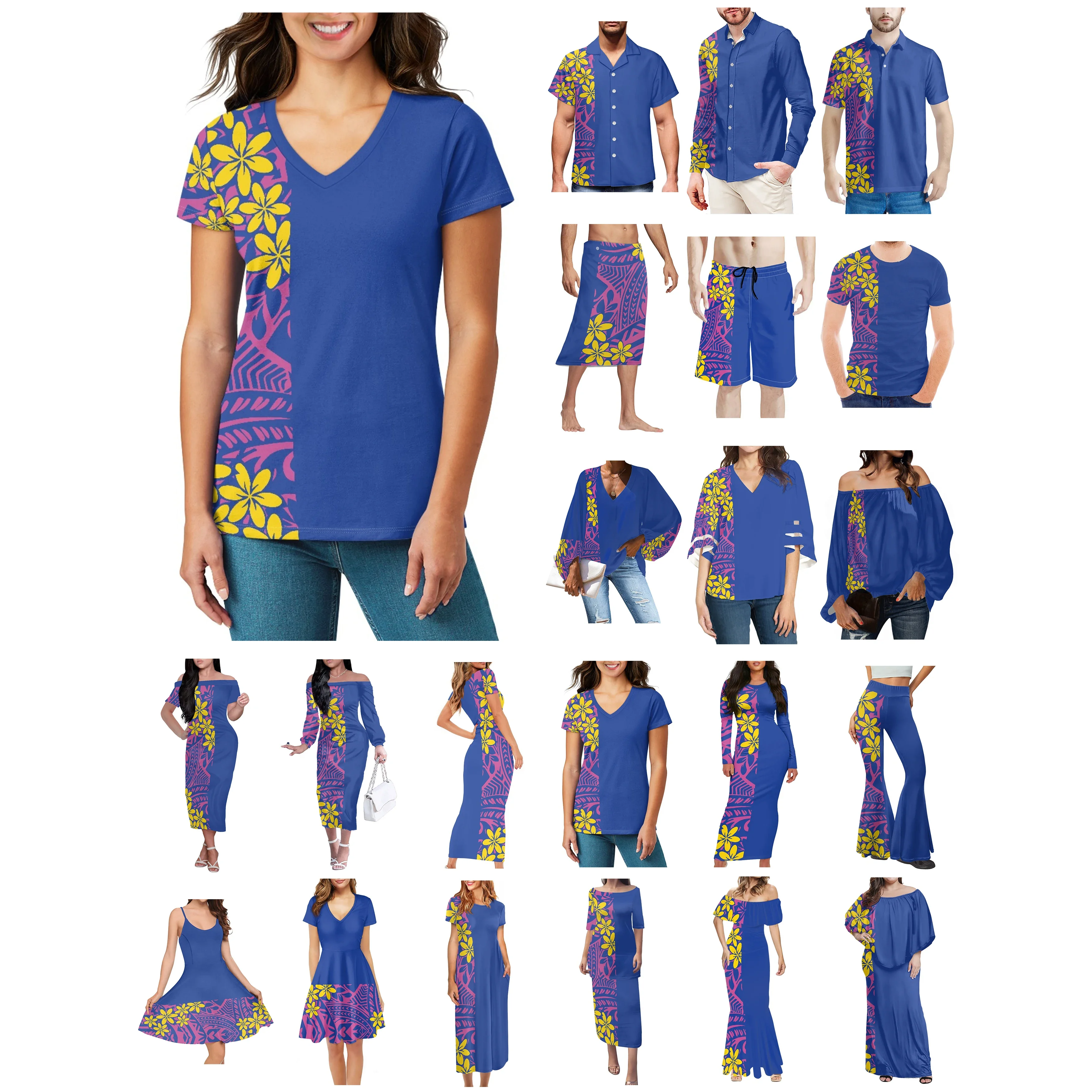 Polynesian Tonga Hawaii Fiji Guam Samoa Pohnpei Tribal Tattoo Prints Clothes Women Dress Matching Men Shirt Blue Lovers Clothes