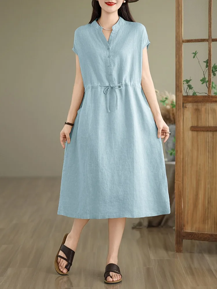 Artistiek Pure Kleur Katoen Linnen ort Sve Dr Dames Zomer Casual Taille Cinching Dstring Afslanken Linnen Midi Dr