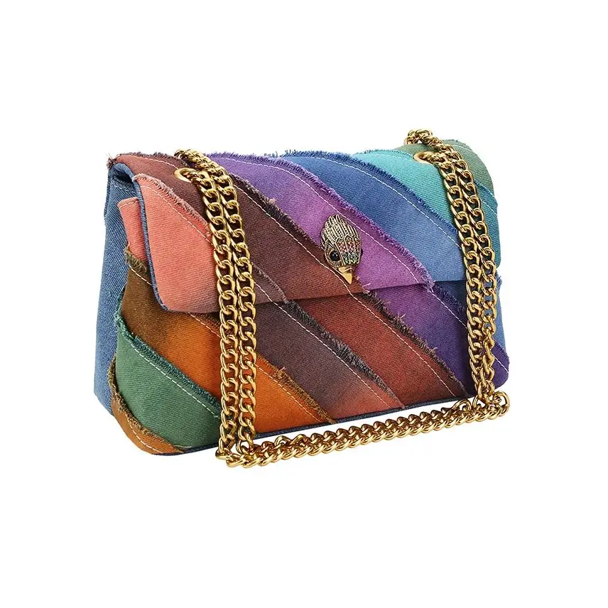 Fanshion Lady Colorful Handbag Wash Denim In Weave Print Purse Jointing Rainbow Cross Body Bag Patchwork Jean Bag Casual Bag