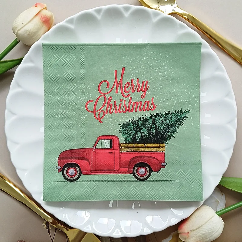 

20pcs/Pac 33cm 2-Ply Green Printed Napkins Red Truck Christmas Collection Party Disposable Paper Placemats Butterfly Bart Paper