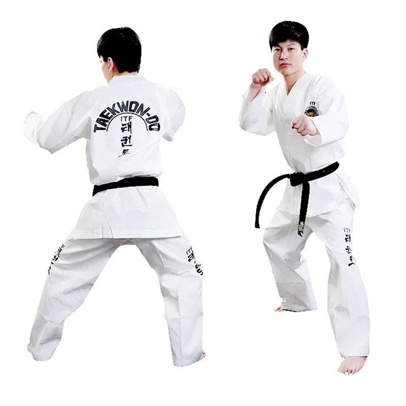Uniforme blanco profesional aprobado por la ITF, traje Dobok para estudiantes de Taekwondo, ropa de artes marciales, uniforme de Taekwondo de manga larga
