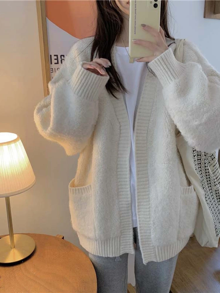 Cardigan Women Solid Loose Simple Casual Thick Winter Harajuku Chic Streetwear Soft Warm Basic All-match College Korean Style BF