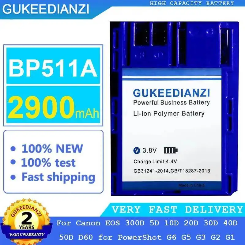 

Camera Battery BP511A 2900Mah For Canon Eos 300D 5D 10D 20D 30D 40D 50D D60 Powershot G6 G5 G3 G2 G1