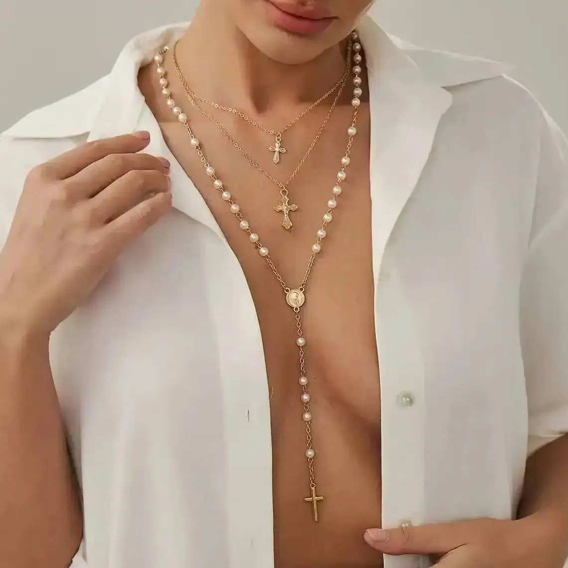 

KunJoe 3 Pcs/Set Trendy Jesus Cross Pendant Necklace for Women Elegant Imitation Pearl Stackable Sweater Chain 2025 New Jewelry