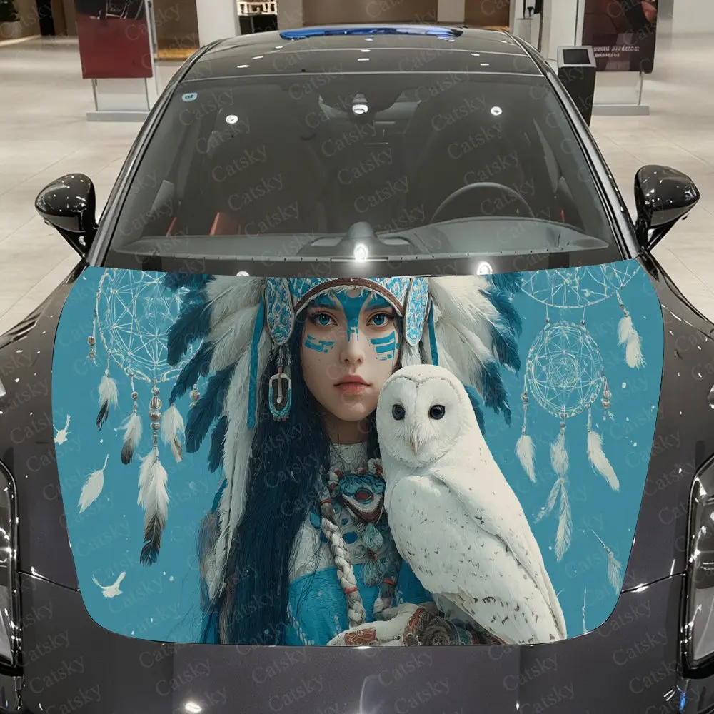 

Whimsical Native Woman Owl Auto Hood Sticker, Car Cover Decal, Waterproof and Self-adhesive Auto Vinyl Wraps, Car Exterior Decor