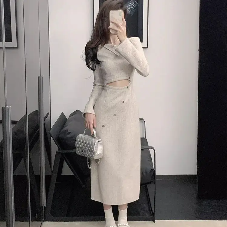 

Hollow Small Fragrance Long-Sleeved Dress Female 2024 Spring Autumn New Diagonal Neck High Waist Niche Design Sense Long Skirt