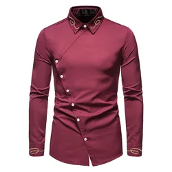 Men Shirt Personality Oblique Button Irregular Men Casual Shirt Men Clothes Long Sleeve Casual Slim Fit Male Shirt plus size