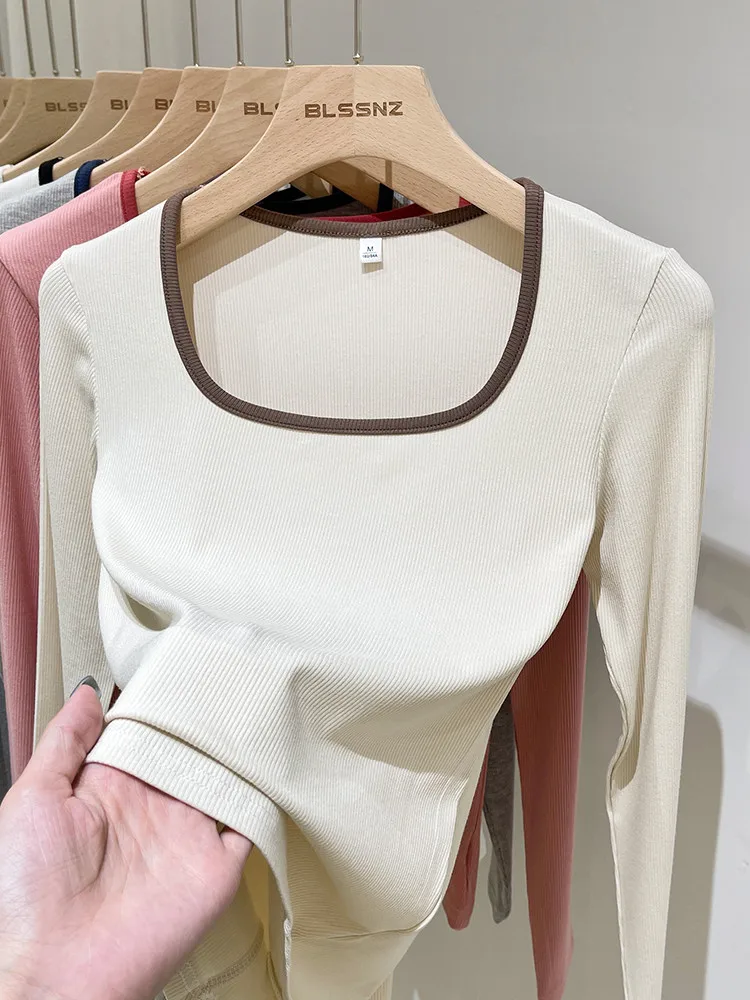 

Slim Fit Long Sleeve T-Shirt Women's Early Autumn Color Block Base Shirt Inner Wear Square Collar Brand Cut Label Base Shirt
