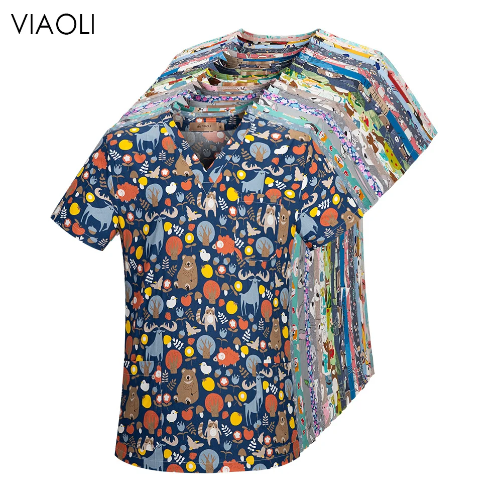 

New Multicolor Cotton Animal Flower Print Beauty Salon Nursing Lab Pet Shop Scrub Uniform Work Clothes