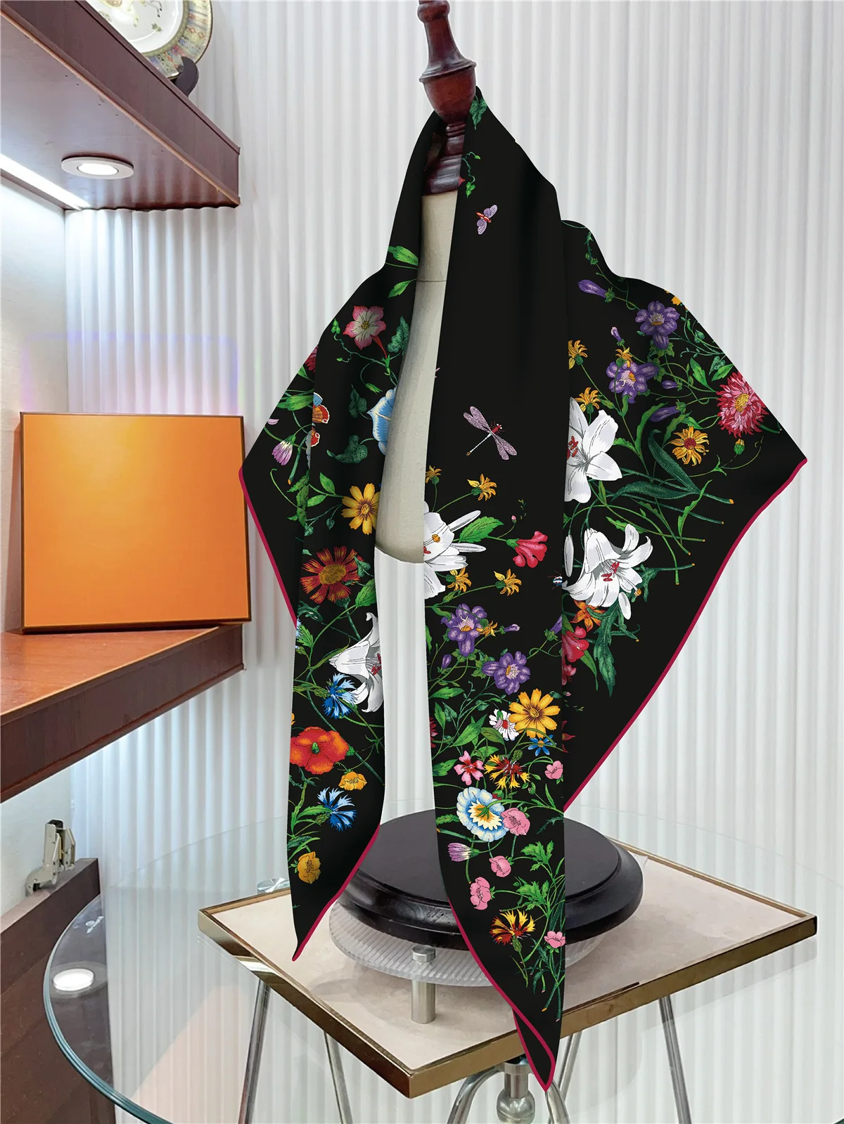 90cm Silk Scarf Women Plants Flowers Printed Square Scarves Head Echarpes Foulards Femme Wraps Shawls Bandana Lady Hijabs