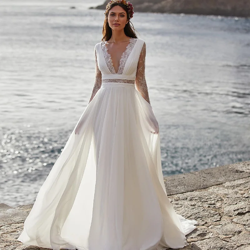 

A Line Women Wedding Dresses Chiffon Lace Long Sleeves Bridal Gowns Formal Vestido De Noiva robe de mariée