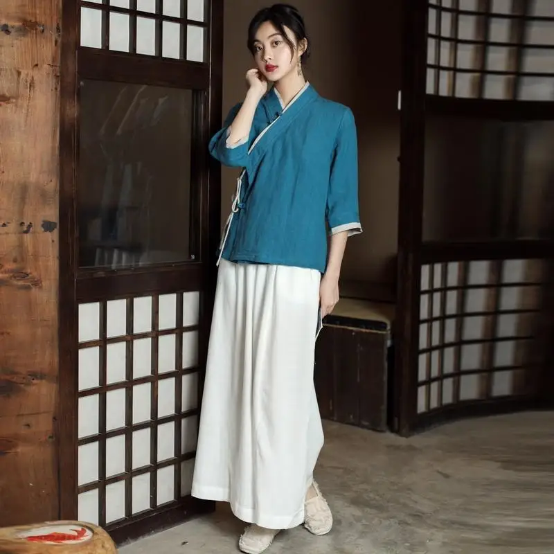 

Высококачественная китайская ретро хлопковая льняная рубашка с рукавами семь четвертей, женские свободные и утягивающие топы с наклонным воротником на шнуровке