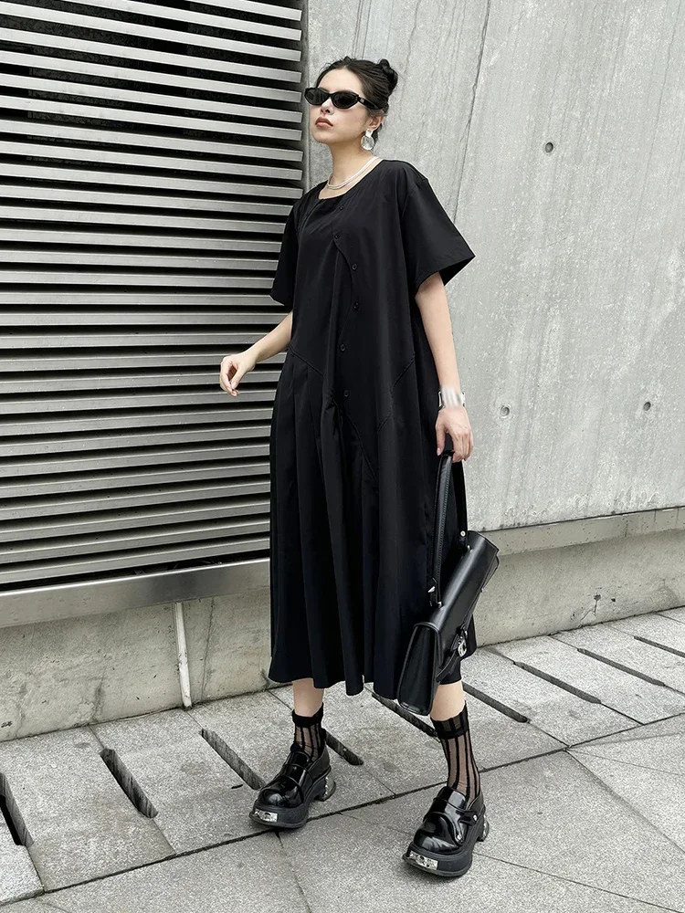 XITAO Asymmetrical Pleated Dress Loose Fashion Solid Color Splicing Short Sleeve Dress Summer Casual New Loose Women HQQ2310