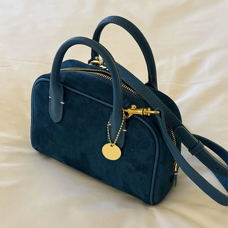 

New Women's Fashion Suede Bowling Tote Bag 2025 Trend Small Luxury High-end Boston Chest Soft Handle Solid Color One-Shoulder Ba