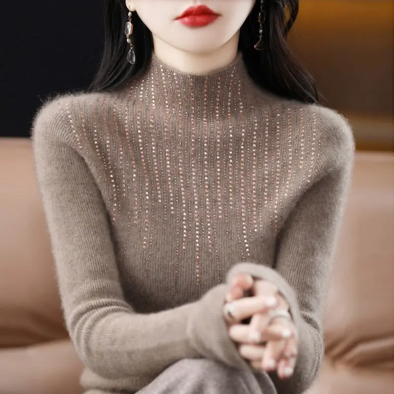 

Women's Autumn/Winter New Arrivals Half-High Neck Rhinestone Undershirt Top Pullover Slim Fit Long Sleeves Layering Knitwear