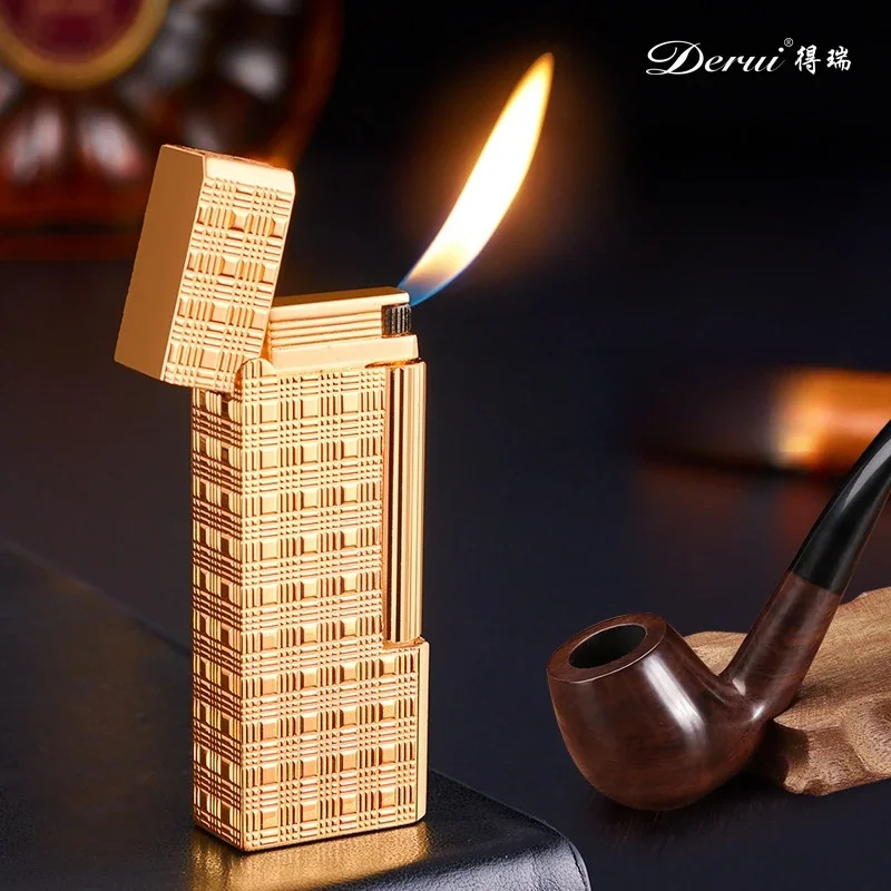 2024 DERUI Metal Retro Mini Oblique Fire Inflatable Lighter Exquisitely Carved Side Pulley Ignite Gas Pipe Lighters Smoking Gift