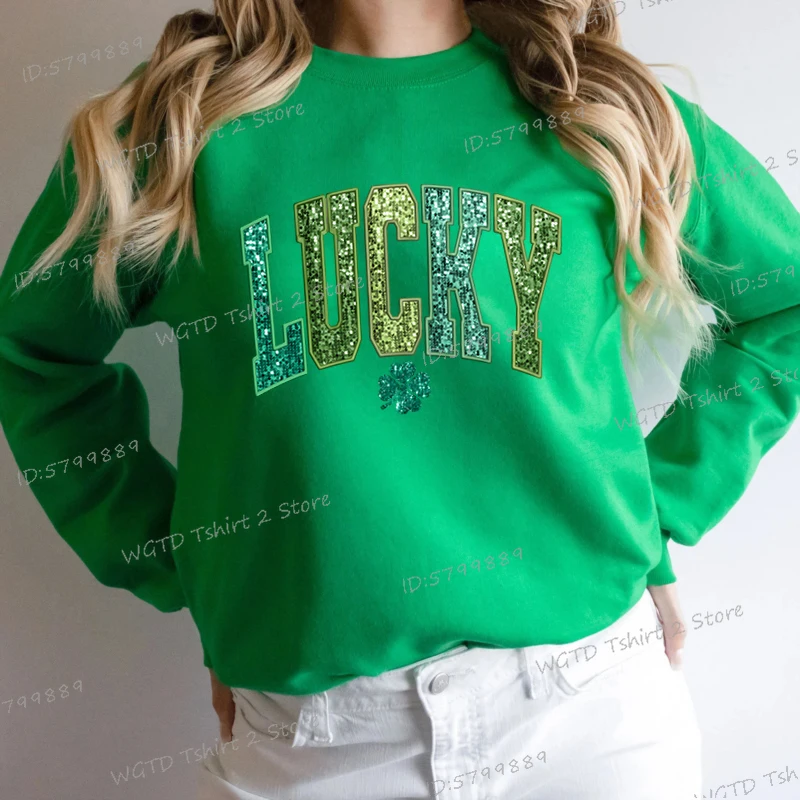 Irish Day Happy Lucky Women Slim Fit Sweater Lucky Sequin Graphic Sweatshirts Funny St Patrick's Day Shamrock Woman Clothing