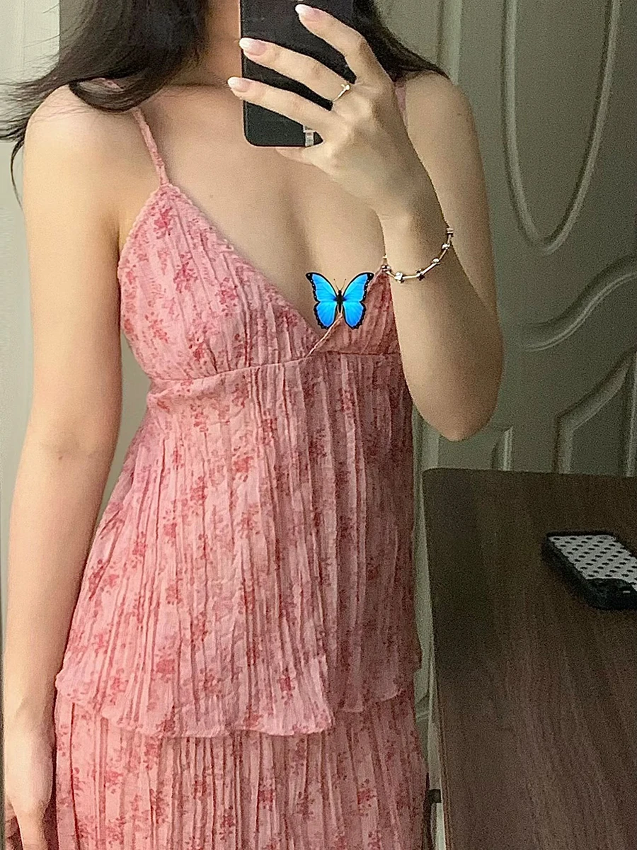 Floral Folds Slim Camisole Woman Summer Deep V-neck Backless Vest Female Vintage Sweet Preppy Style Tank Top New Evening Camis