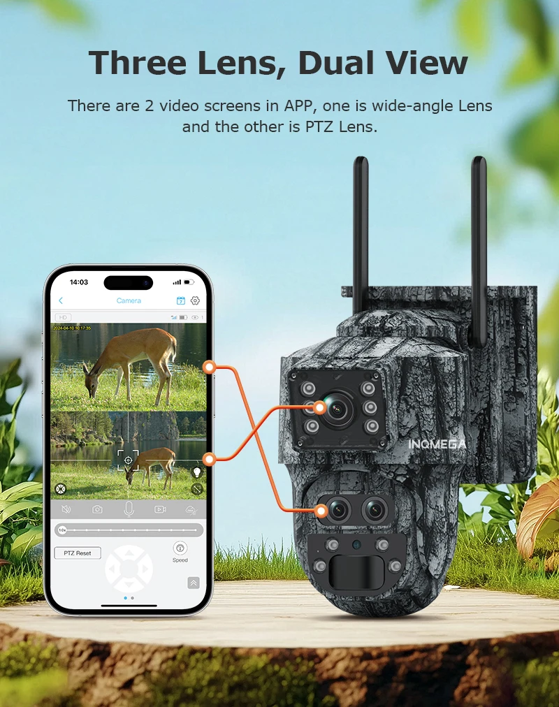 

INQMEGA 12MP 6K 15X Zoom Solar Camera Dual Screen Outdoor 4G/WIFI Three Lens PIR Detection Trail Camera Camouflage Forest Ubox