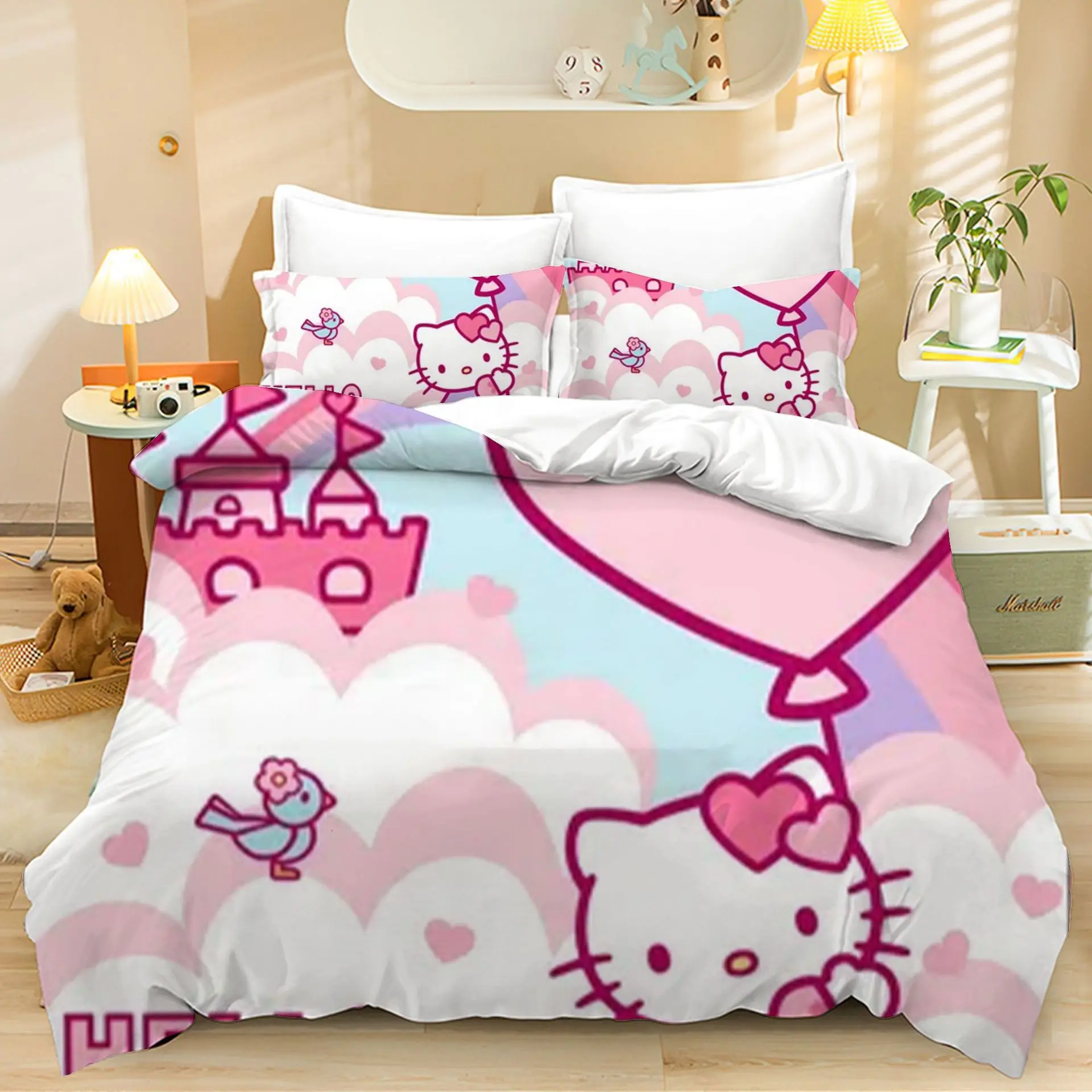 Hello Kitty Cartoon Bedding Sets Comforter Quilt Bed Cover Duvet Cover Pillow Case 2-3 Pieces Sets Kids Adult Size