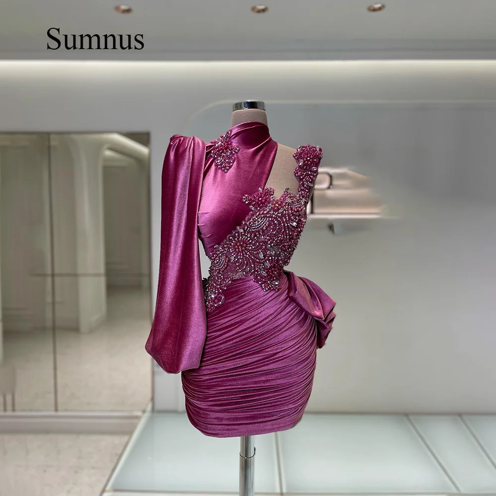 

Sumnus Purple Velvet Beads One Shoulder Party Dresses Pleats Velour High Neck Sexy Short Prom Gala Dress 2023 Mini Event Gowns